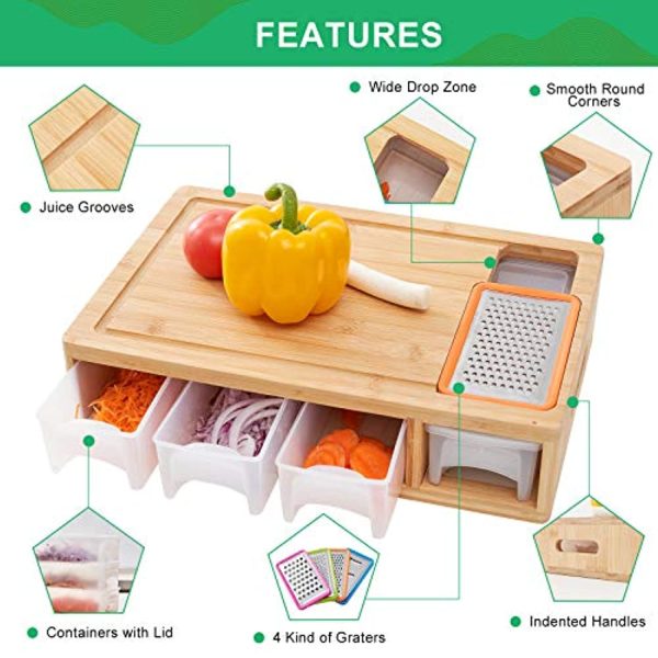 WORTHYEAH Bamboo Cutting Board with Trays, Lids and Graters- Wood Chopping Board with Containers, Food Dropping Zone and Vegetable Tray with Lid- Carving Board with Compartments, Handle, Juice Groove For Sale