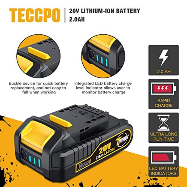 TECCPO 20V MAX 2.0 Ah Lithium Ion Battery-Pack, Rechargeable Replacement Battery, for All 20V TECCPO&POPOMAN Cordless Power Tools - ZPK18HS2000 Hot on Sale