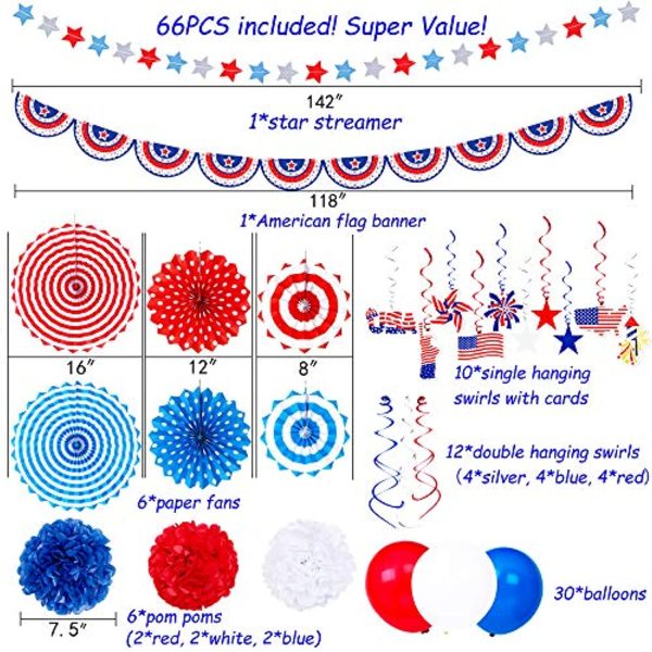 Moon Boat  66PCS 4th Fourth of July Decorations Set - Patriotic Paper Fans+Tissue Pom Poms+Star Streamer+American Flag Banner Garland+Hang Swirls+Balloons Cheap