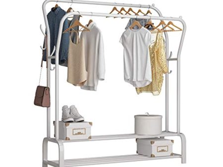 UDEAR Garment Rack Freestanding Hanger Double Rods Multi-functional Bedroom Clothing Rack, Double layer ，4 Hooks，White on Sale