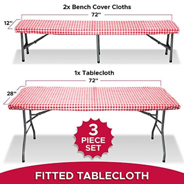 WOOWOW Fitted Picnic Table Tablecloth Cover with Picnic Bench Covers, Fitted Vinyl Tablecloth and Seat Covers, Tablecloth for Picnic Table, Camping Picnic Table Bench Elastic Covers,72X28 Inch,Red,3 Piece Supply