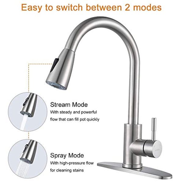 WOWOW Kitchen Faucet with Sprayer, Kitchen Sink Faucet, SUS 304 Stainless Steel, High Arc Single Handle Brushed Nickel Kitchen Faucets with Pull Down Sprayer, Pull Out Kitchen Faucet with Deck Plate Hot on Sale