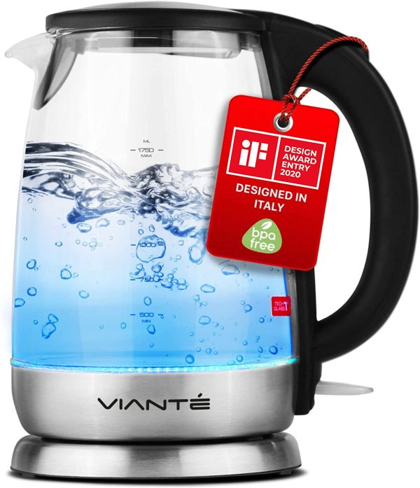 Vianté Glass Electric Tea Kettle. Fast Water Boiler. BPA-FREE Stainless Steel & Borosilicate Glass. Designed in Italy. 8 Cups Capacity. 1.7 Liters Online Hot Sale