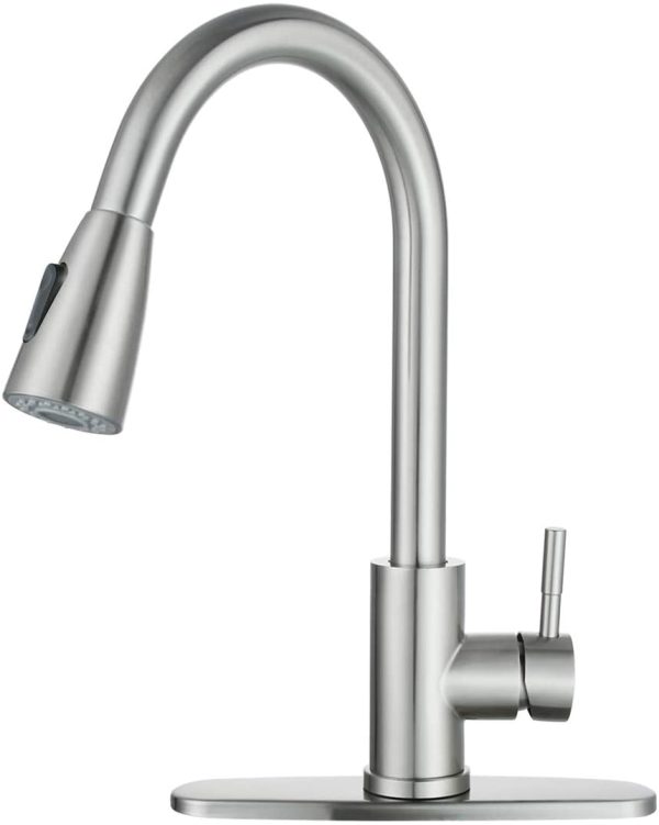 WOWOW Kitchen Faucet with Sprayer, Kitchen Sink Faucet, SUS 304 Stainless Steel, High Arc Single Handle Brushed Nickel Kitchen Faucets with Pull Down Sprayer, Pull Out Kitchen Faucet with Deck Plate Hot on Sale