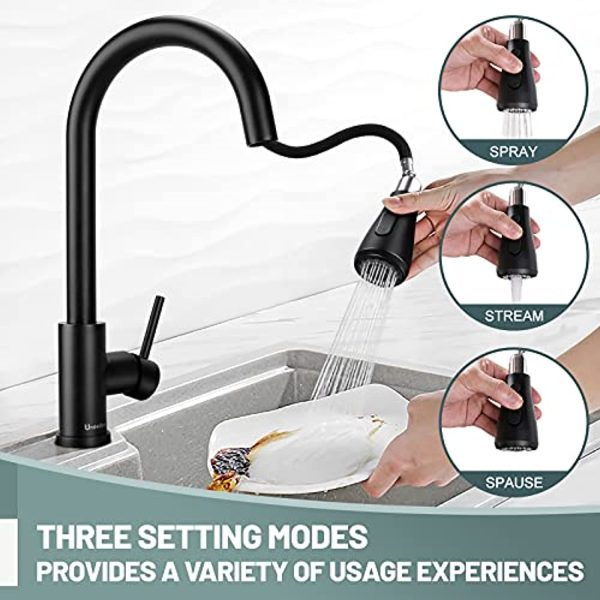 Uneedem Black Kitchen Faucet with Pull Down Sprayer, Uneedem Single Handle Kitchen Sink Faucet, Stainless Steel High Arc Utility Brushed Nickel Kitchen faucets with Pull Out Sprayer for rv Commercial Laundry Hot on Sale