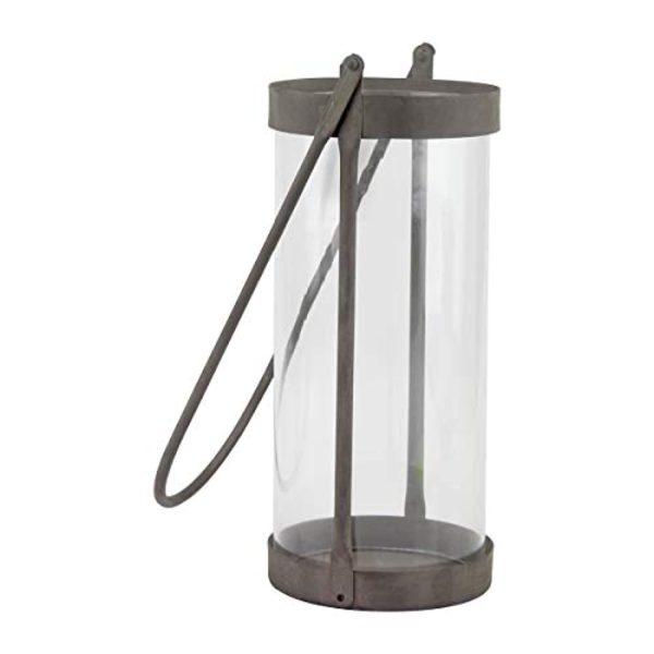 WAYNEWON Industrial Glass Cylinder Hurricane Candle Lantern with Rustic Zinc Metal Frame and Handle, Gray Cheap