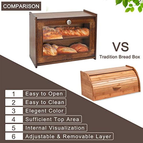 WORTHYEAH Bamboo Bread Box for Kitchen Countertop, Wooden Bread Storage Box with Transparent Window, 2-Layer Large Capacity Bread Storage, Kitchen Bread Holder, Self Assembly Online