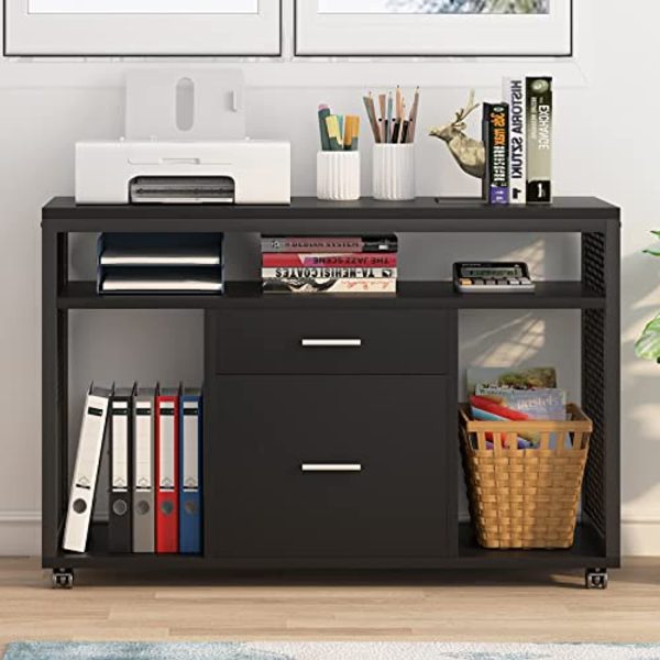 DOALBUN  2-Drawer Wood File Cabinet, Mobile Lateral Filing Cabinet, 39.37 Inches Wide Printer Stand with Open Storage Shelves, Storage Cabinet for Home Office, Black Hot on Sale