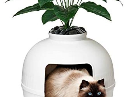 Bundle & Bliss Secret Litter Box by Bundle & Bliss Pets - Premium Hidden Litter Box Enclosure, Includes Artificial Plant and Polished River Pebbles, Perfect for Large Cats (Vivid White)Box Furniture (Vivid White) For Sale