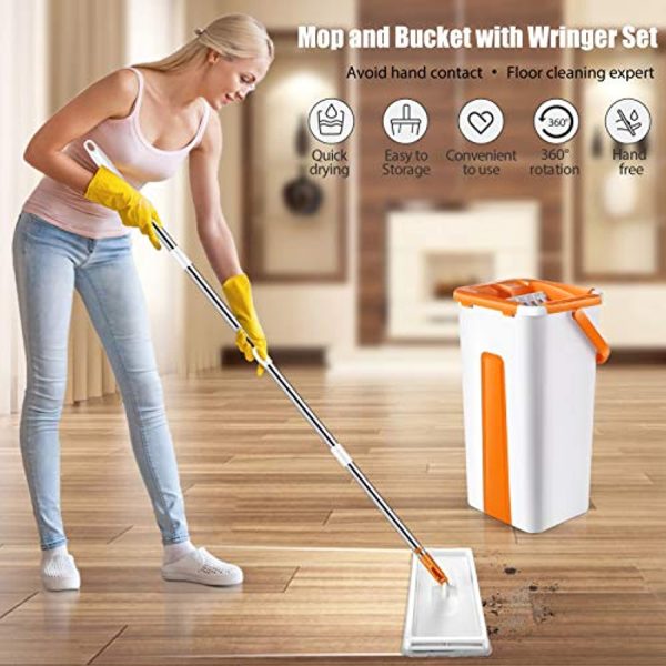 MASTERTOP Floor Mop with Bucket - Flat Mop Bucket with Wringer Set, 10 Reusable Microfiber Mop Pads, Stainless Steel Handle Easy Wring Mop Bucket System Fashion