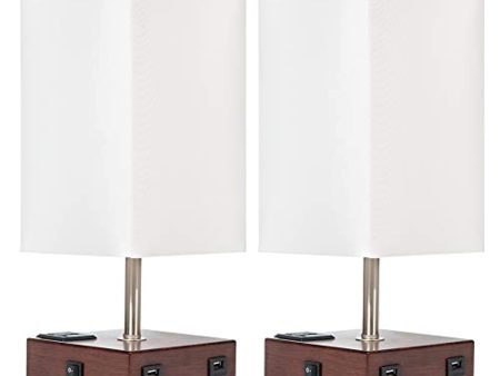 DEEPLITE Lamps for Berooms Set of 2, DEEPLITE Bedside Lamp with USB Charging Ports and AC Outlet Modern Nightstand lamp for Living Room Table, Hotels, Office (Square Fabric Shade Wooden Base) For Cheap