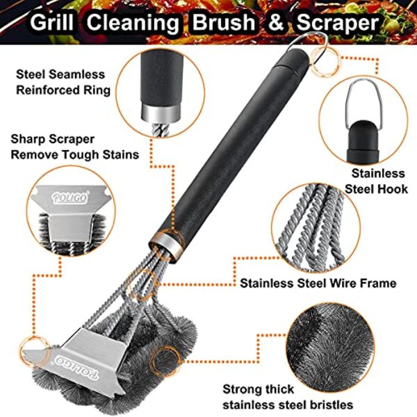 POLIGO BBQ Brush for Grill Cleaning Safe Grill Brush and Scraper with Deluxe Handle - 18  Grill Cleaner Brush Stainless Steel Bristle Grill Brush for Outdoor Grill Wizard Grate - Ideal Grilling Gifts Sale