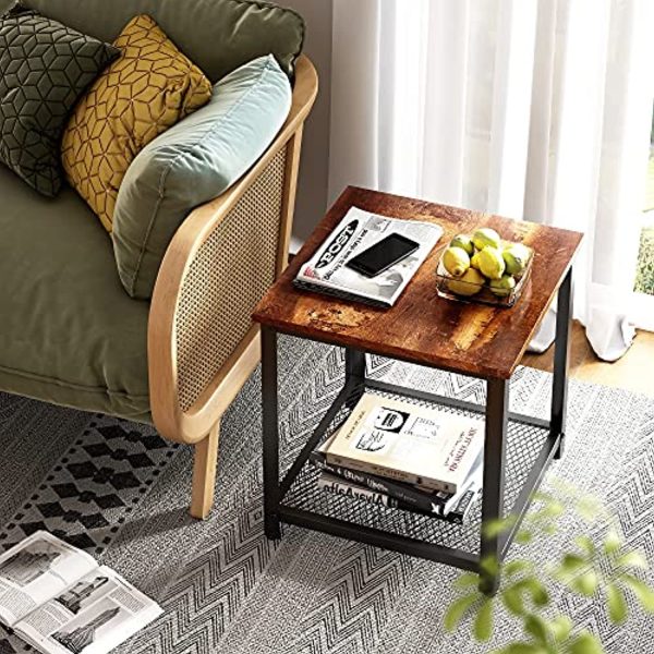 WLIVE Industrial Square End Table, 2-Tier Side Table with Mesh Storage Shelf, Printer Stand with Metal Frame, Adjustable, Easy Assembly, Brown Supply