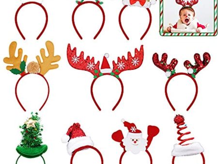 ATDAWN 10 Pack Christmas Headbands, Reindeer Antler Santa Hat Headbands for Christmas Holiday Parties For Cheap