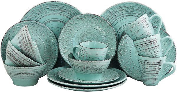 Elama Embossed Stoneware Ocean Dinnerware Dish Set, 16 Piece, Seashell and White Sand Online Hot Sale