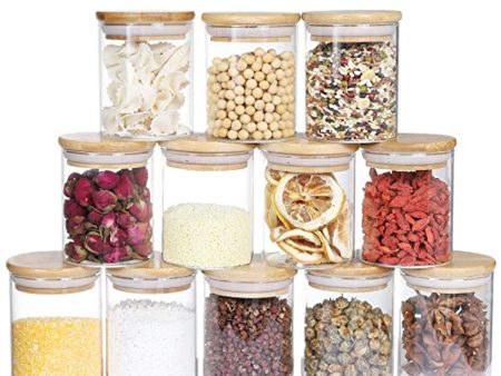 12 Pack Small Glass Jars with Airtight Bamboo Lids, Dabacc Glass Canisters Set Kitchen Food Storage Container for Candy, Spices, Coffee Beans, Snack and More, 7 OZ Supply