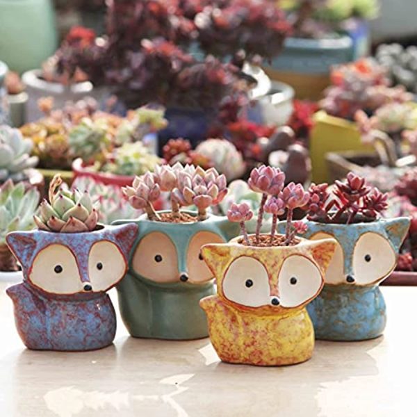 Winemana Set of 4 Ceramic Succulent Pots, Fox Shaped Flowerpot, Colorful Bonsai Planter Container Online