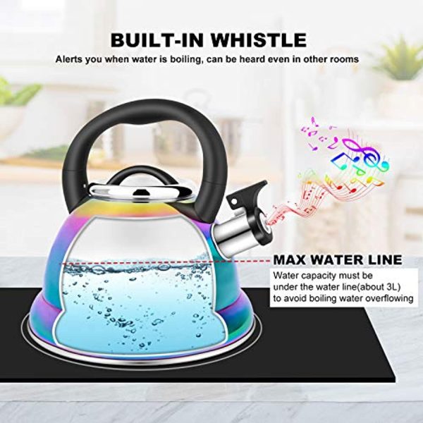 Weftnom Whistling Tea Kettle for Stovetop, 3.5L Stainless Steel Tea Pot with Cool Ergonomic Folding Handle, Rainbow Induction Kettles for Boiling Water, Mirror Finish Fashion