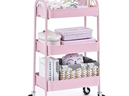 TOOLF 3 Tier Rolling Cart, No Screw Metal Utility Cart, Easy Assemble Utility Serving Cart, Sturdy Storage Trolley with Handles, Locking Wheels, for Classroom Office Home Bedroom Bathroom, Pink For Sale