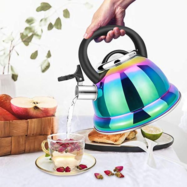 Weftnom Whistling Tea Kettle for Stovetop, 3.5L Stainless Steel Tea Pot with Cool Ergonomic Folding Handle, Rainbow Induction Kettles for Boiling Water, Mirror Finish Fashion