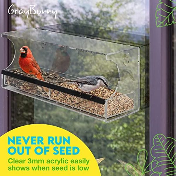 Wild Birds of Joy Gray Bunny Deluxe Clear Window Bird Feeder with Extra-Strong Suction Cups - Outdoor Bird Feeder with Drain Holes, Removable Tray, Large Seed Capacity, & Rubber Perch! Online