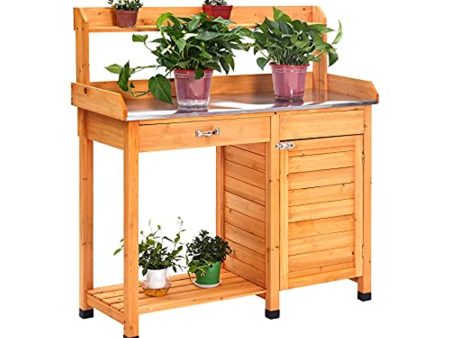 Meluvici  Garden Potting Benches & Tables (Metal Tabletop,Hooks,Open Shelf), Cabinet Drawer Work Bench Station,Planting Potters Benches for Outdoor Natural Fir Wood Hot on Sale