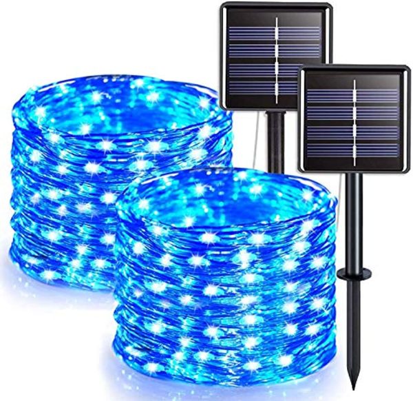 UPOOM [2 Pack] Christmas Lights, 200 LED Outdoor Solar String Lights Garden Silver Wire Decorative Lights 66Ft Waterproof Indoor Outdoor Lighting for Garden, Patio, Yard, Christmas(Blue) For Cheap