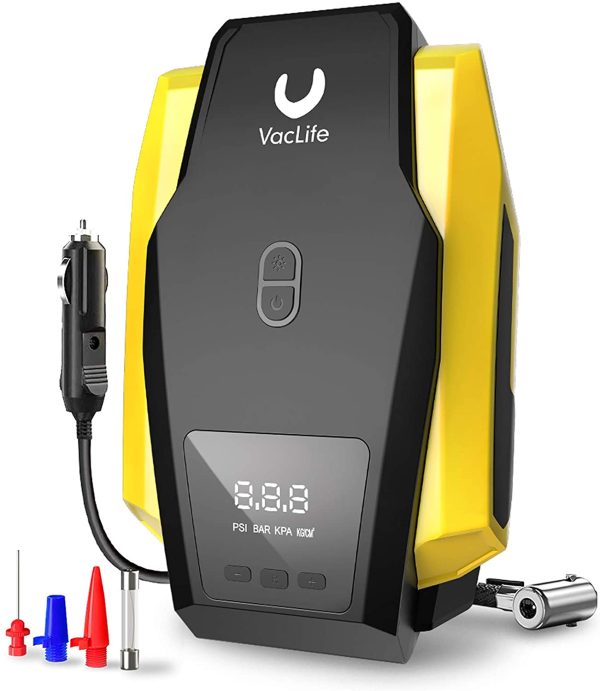 VacLife Air Compressor Tire Inflator, DC 12V Portable Air Compressor, Auto Tire Pump with LED Light, Digital Air Pump for Car Tires, Bicycles and Other Inflatables, Model: ATJ-1166, Yellow (VL701) Online now