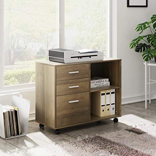 DEVAISE 3-Drawer Wood File Cabinet, Mobile Lateral Filing Cabinet, Printer Stand with Open Storage Shelves for Home Office, Gray Oak Supply