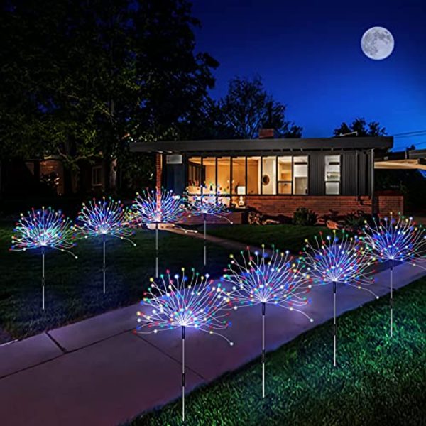 Unihoh Outdoor Solar Garden Lights, 4 Pack 120 LED Copper Wire Waterproof Solar Garden Fireworks Lamp with Remote, 8 Modes Decorative Sparkles Stake Landscape Light for Garden Pathway Lawn Decor (Colorful) For Sale