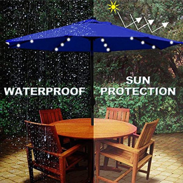 Viewee 32 LED Solar Patio Umbrella 9 FT Solar Patio Umbrella with 32 LED, 8 Steel Ribs, Push Button Tilt, and Crank System Which for Garden, Pool, Beach, Deck and Backyard (Blue) Fashion