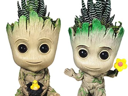 Winemana (Set of 2) Baby Groot Holding Baby Bird & Holding Flower, Cute Succulent Pot Succulent Planters, Baby Groot Flower Pot Pencil Pen Holder Gift for Kids For Sale