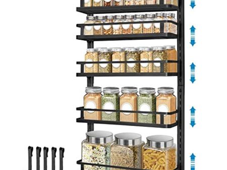 AHNR Wall Mount Spice Rack Organizer, AHNR 5 Tier Height-adjustable Spice Shelf Storage Wall Spice Rack Hanging Spice Organizer with 5 Hooks, Dual-use Seasoning Shelf Rack for Kitchen Cabinet Pantry Door Supply