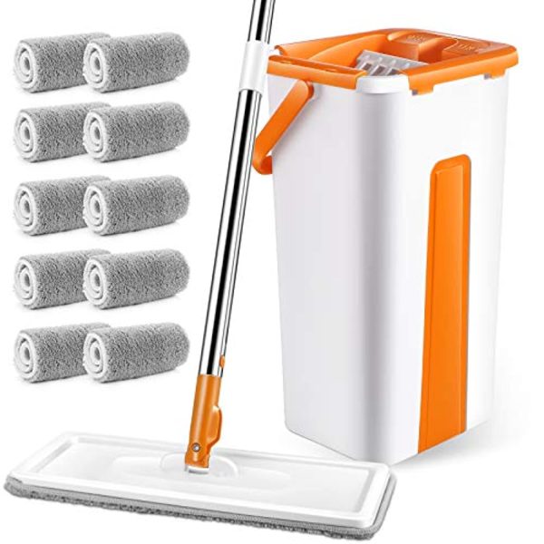 MASTERTOP Floor Mop with Bucket - Flat Mop Bucket with Wringer Set, 10 Reusable Microfiber Mop Pads, Stainless Steel Handle Easy Wring Mop Bucket System Fashion