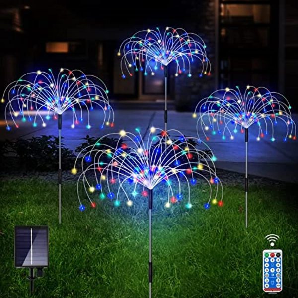 Unihoh Outdoor Solar Garden Lights, 4 Pack 120 LED Copper Wire Waterproof Solar Garden Fireworks Lamp with Remote, 8 Modes Decorative Sparkles Stake Landscape Light for Garden Pathway Lawn Decor (Colorful) For Sale