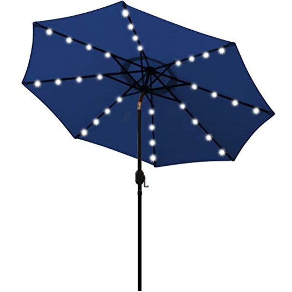 Viewee 32 LED Solar Patio Umbrella 9 FT Solar Patio Umbrella with 32 LED, 8 Steel Ribs, Push Button Tilt, and Crank System Which for Garden, Pool, Beach, Deck and Backyard (Blue) Fashion