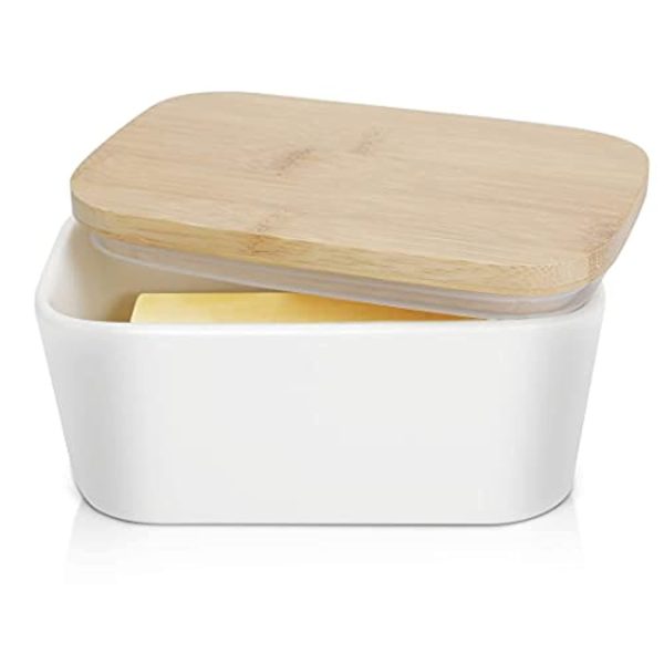 U-miss Large Butter Dish 22 oz (650ml), Airtight Butter Keeper Butter Container, Porcelain Butter Keeper Container with Beech Wooden Lid & Seal Ring… Online Hot Sale