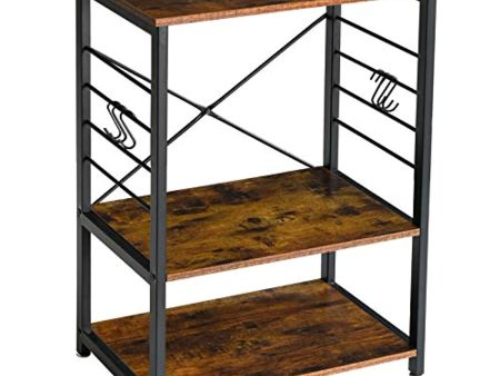 YMYNY Standing Baker s Racks, 3-Tier Kitchen Microwave Oven Stand with Metal Frame and 6 Hooks, Multifunctional Coffee Bar Table for Living Room, Panel Height Adjustable, Rustic Brown, HD-UHTMJ022H For Cheap