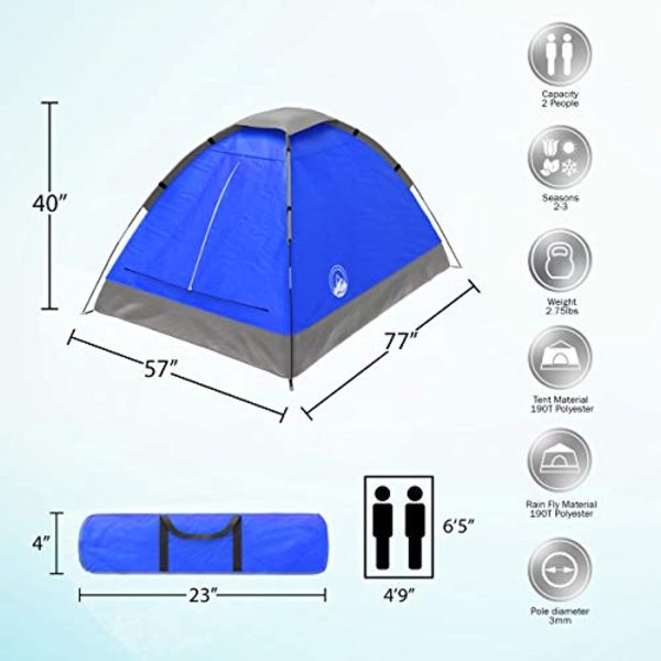 Wakeman  2 Person Tent – Rain Fly & Carrying Bag – Lightweight Dome Tents for Kids or Adults – Camping, Backpacking, and Hiking Gear by Wakeman Outdoors (Blue), (l) 77” x (w) 57” x (h) 40” Hot on Sale