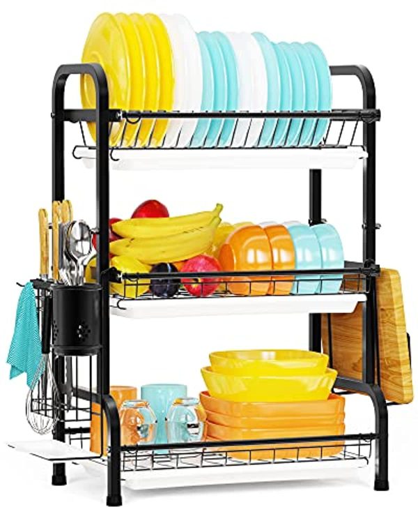 Wizdays Dish Drying Rack, 304 Stainless Steel 3-Tier Dish Rack with Utensil Holder, Cutting Board Holder and Dish Drainer for Kitchen Counter For Cheap