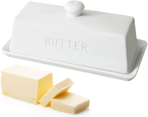 WERTIOO Ceramic Butter Dish, Porcelain Butter Dish with Lid Handle Cover Design, White on Sale