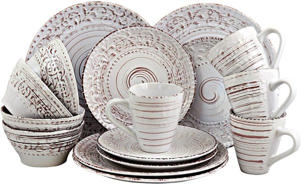 Elama Embossed Stoneware Ocean Dinnerware Dish Set, 16 Piece, Seashell and White Sand Online Hot Sale