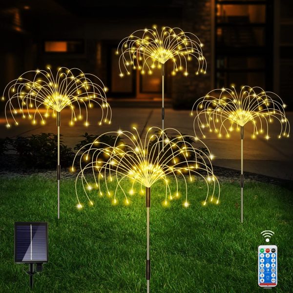 Unihoh Outdoor Solar Garden Lights, 4 Pack 120 LED Copper Wire Waterproof Solar Garden Fireworks Lamp with Remote, 8 Modes Decorative Sparkles Stake Landscape Light for Garden Pathway Lawn Decor (Colorful) For Sale