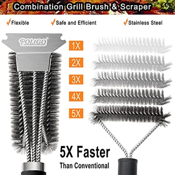 POLIGO BBQ Brush for Grill Cleaning Safe Grill Brush and Scraper with Deluxe Handle - 18  Grill Cleaner Brush Stainless Steel Bristle Grill Brush for Outdoor Grill Wizard Grate - Ideal Grilling Gifts Sale