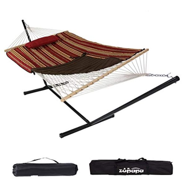 Zupapa Cotton Rope Pad Hammock with Stand 400lbs Capacity, Indoor Outdoor Use 12 Feet Hammock Stand Spreader Bar Hammock Pad and Pillow Combo 2 Storage Bags Included (Garnet Red Gold Stripe) Online now