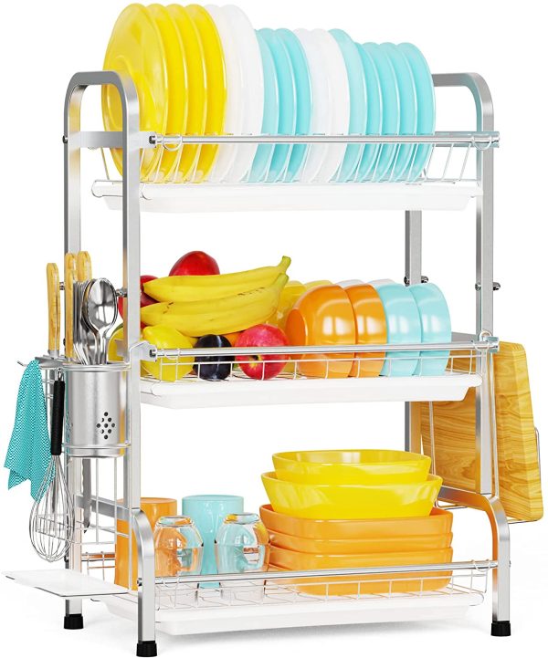 Wizdays Dish Drying Rack, 304 Stainless Steel 3-Tier Dish Rack with Utensil Holder, Cutting Board Holder and Dish Drainer for Kitchen Counter For Cheap