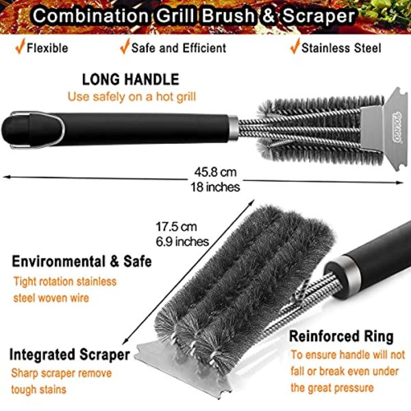 POLIGO BBQ Brush for Grill Cleaning Safe Grill Brush and Scraper with Deluxe Handle - 18  Grill Cleaner Brush Stainless Steel Bristle Grill Brush for Outdoor Grill Wizard Grate - Ideal Grilling Gifts Sale