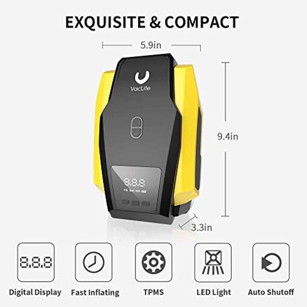 VacLife Air Compressor Tire Inflator, DC 12V Portable Air Compressor, Auto Tire Pump with LED Light, Digital Air Pump for Car Tires, Bicycles and Other Inflatables, Model: ATJ-1166, Yellow (VL701) Online now