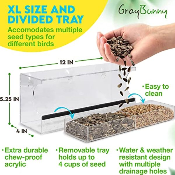 Wild Birds of Joy Gray Bunny Deluxe Clear Window Bird Feeder with Extra-Strong Suction Cups - Outdoor Bird Feeder with Drain Holes, Removable Tray, Large Seed Capacity, & Rubber Perch! Online