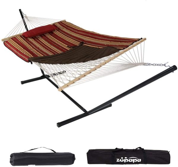 Zupapa Cotton Rope Pad Hammock with Stand 400lbs Capacity, Indoor Outdoor Use 12 Feet Hammock Stand Spreader Bar Hammock Pad and Pillow Combo 2 Storage Bags Included (Garnet Red Gold Stripe) Online now